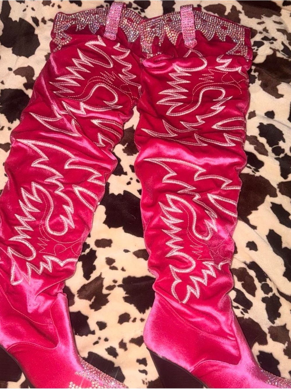 Cape Robbin Bright Pink Satin Over-the-Knee Western Boots with Rhinestone Trim